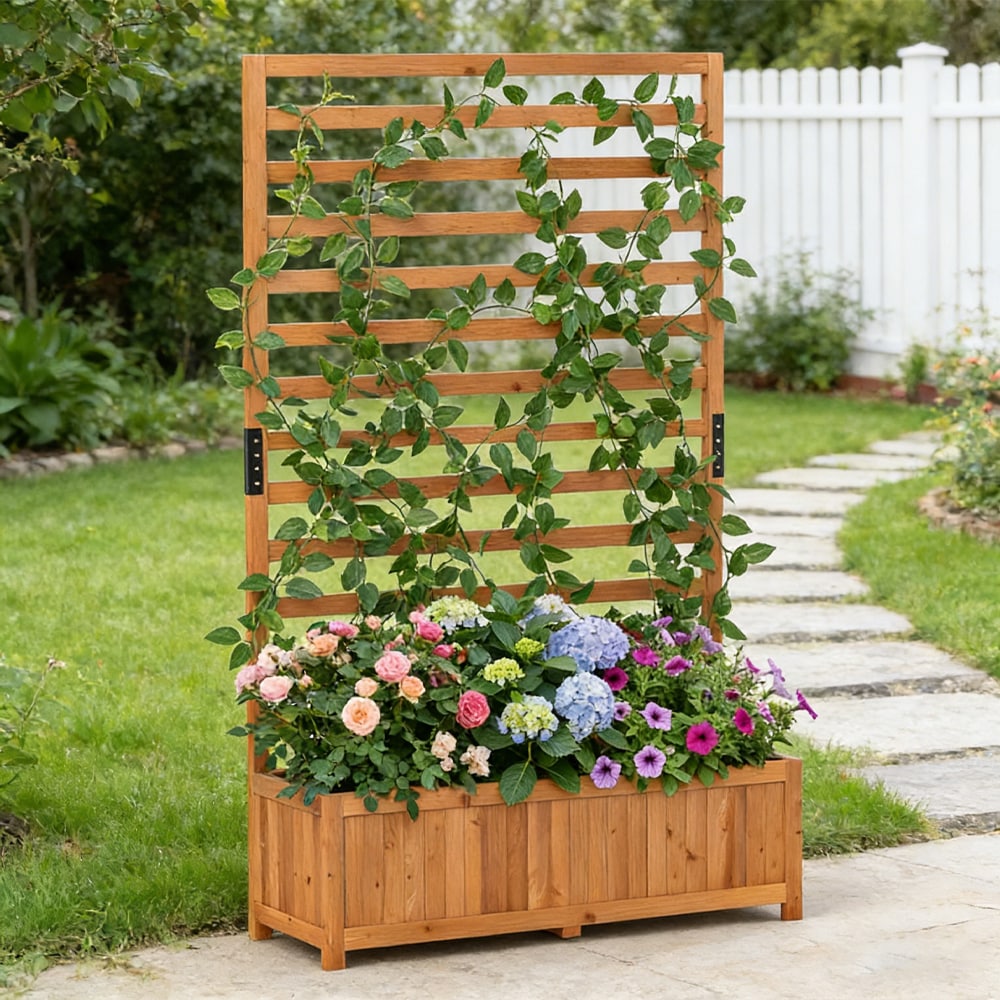 Wooden Elevated Garden Bed With Vertical Trellis For Patio Plants_voghion.com